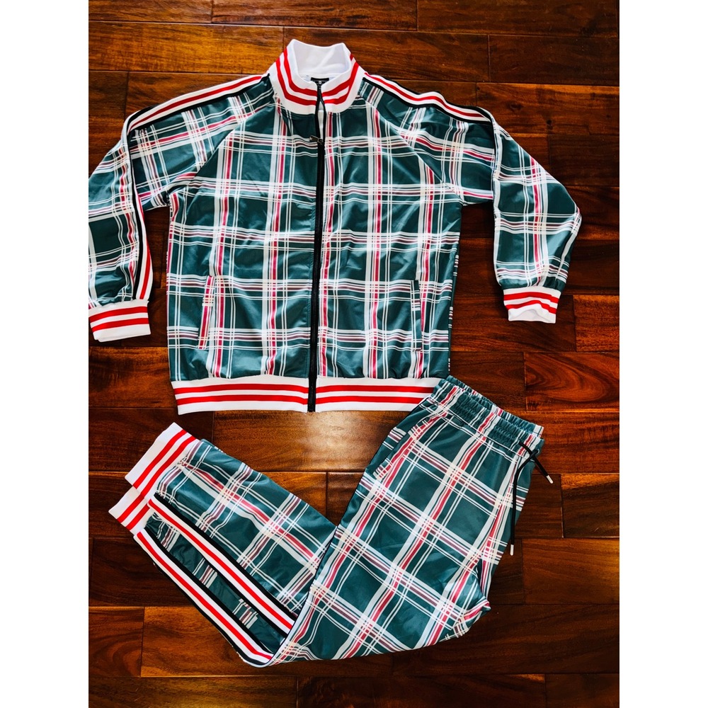 Mens Green Plaid Tracksuit Set Full Zip Jacket and Joggers XXL Tartan Streetwear